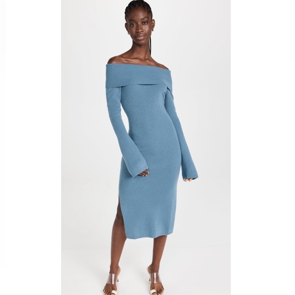 NAADAM | Wool Cashmere Off The Shoulder Dress In Slate Blue Size M NEW